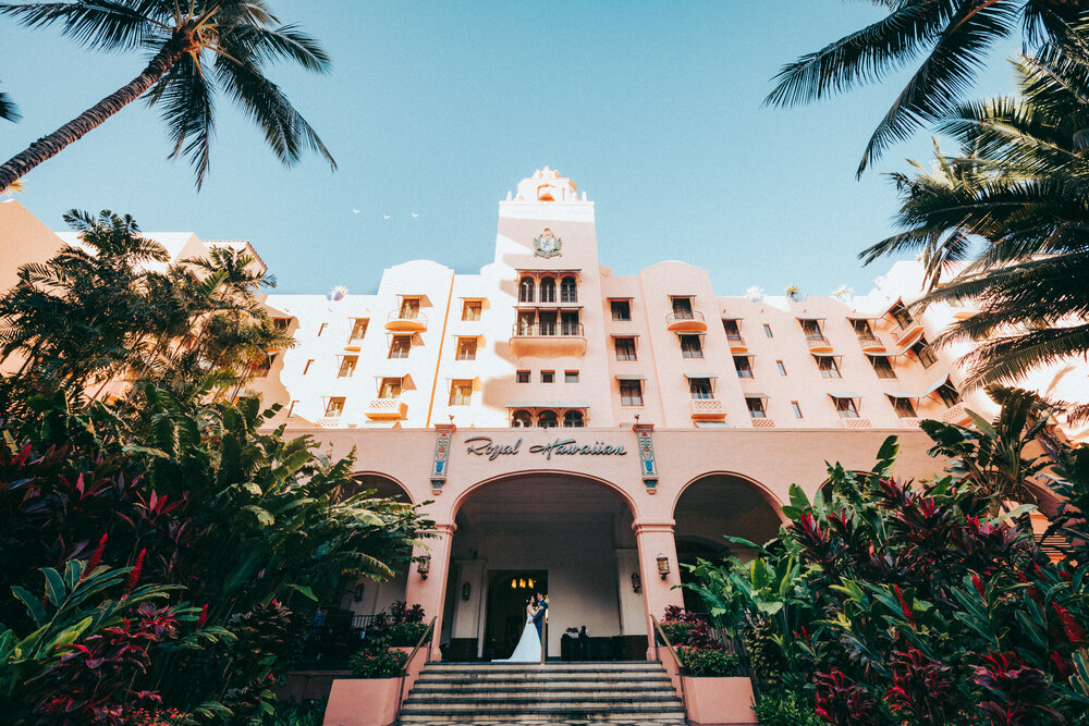 Bride and Groom on their wedding day at the Royal Hawaiian Hotel