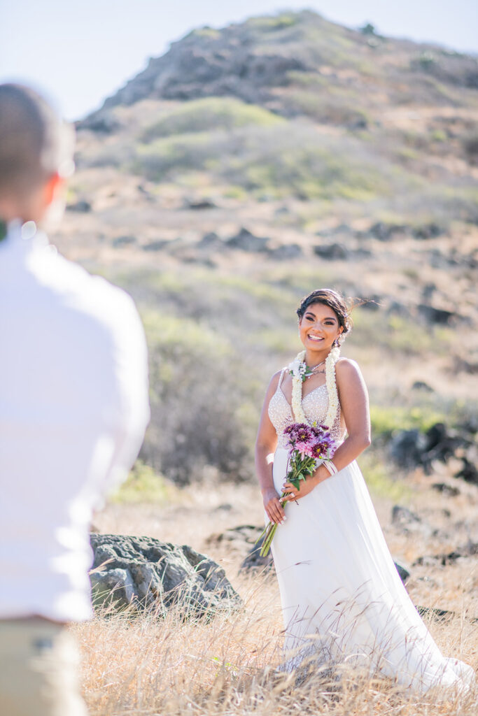 Bride looks at groom during their elopement