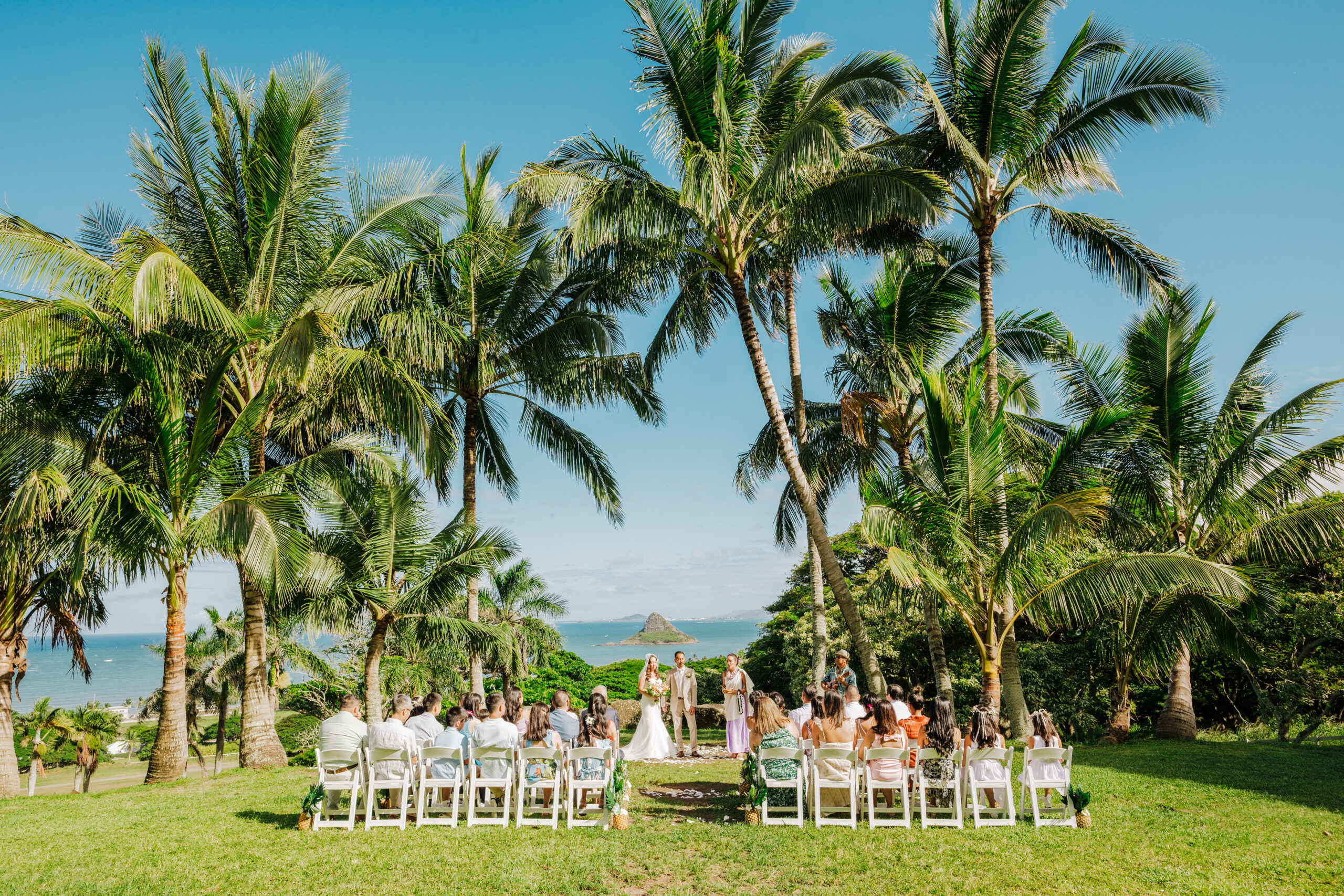 Bride and Groom and their guests attend wedding at Kualoa Ranch Paliku Gardens on Oahu Hawaii